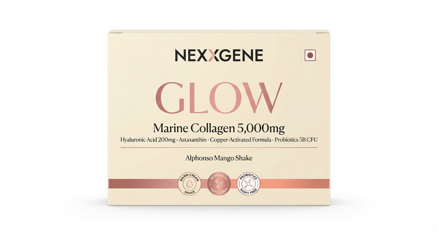 NEXXGENE GLOW Front Box — Marine Collagen 5000mg, Alphonso Mango Shake