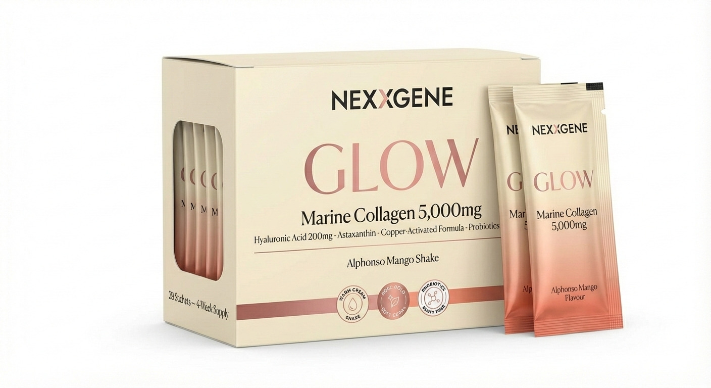 NEXXGENE GLOW — Outer Box with Sachets, 28-Sachet Pack, 4-Week Supply, Marine Collagen 5000mg