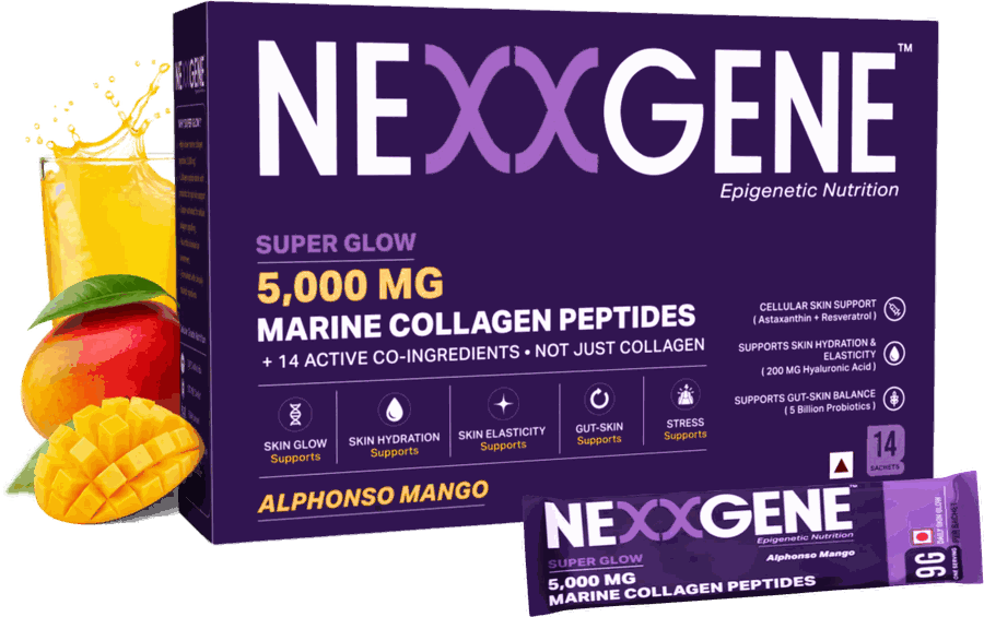 NEXXGENE Super Glow — 5,000 mg marine collagen peptides, 14 single-serve sachets, Alphonso mango