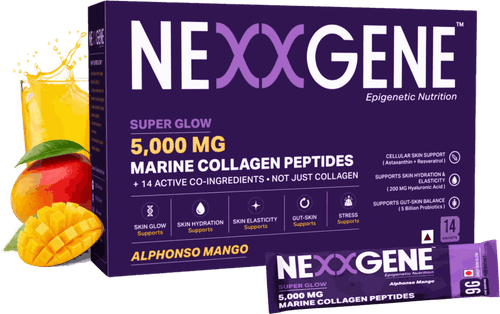 NEXXGENE Super Glow — 5,000 mg marine collagen peptides, 14 single-serve sachets, Alphonso mango