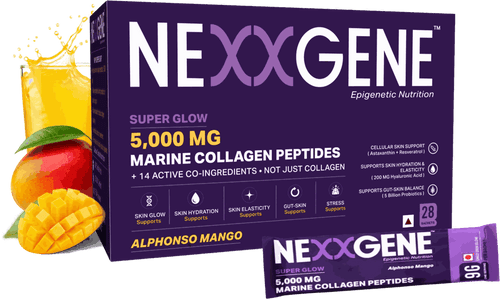 NEXXGENE Super Glow — 5,000 mg marine collagen peptides, 28 single-serve sachets, Alphonso mango
