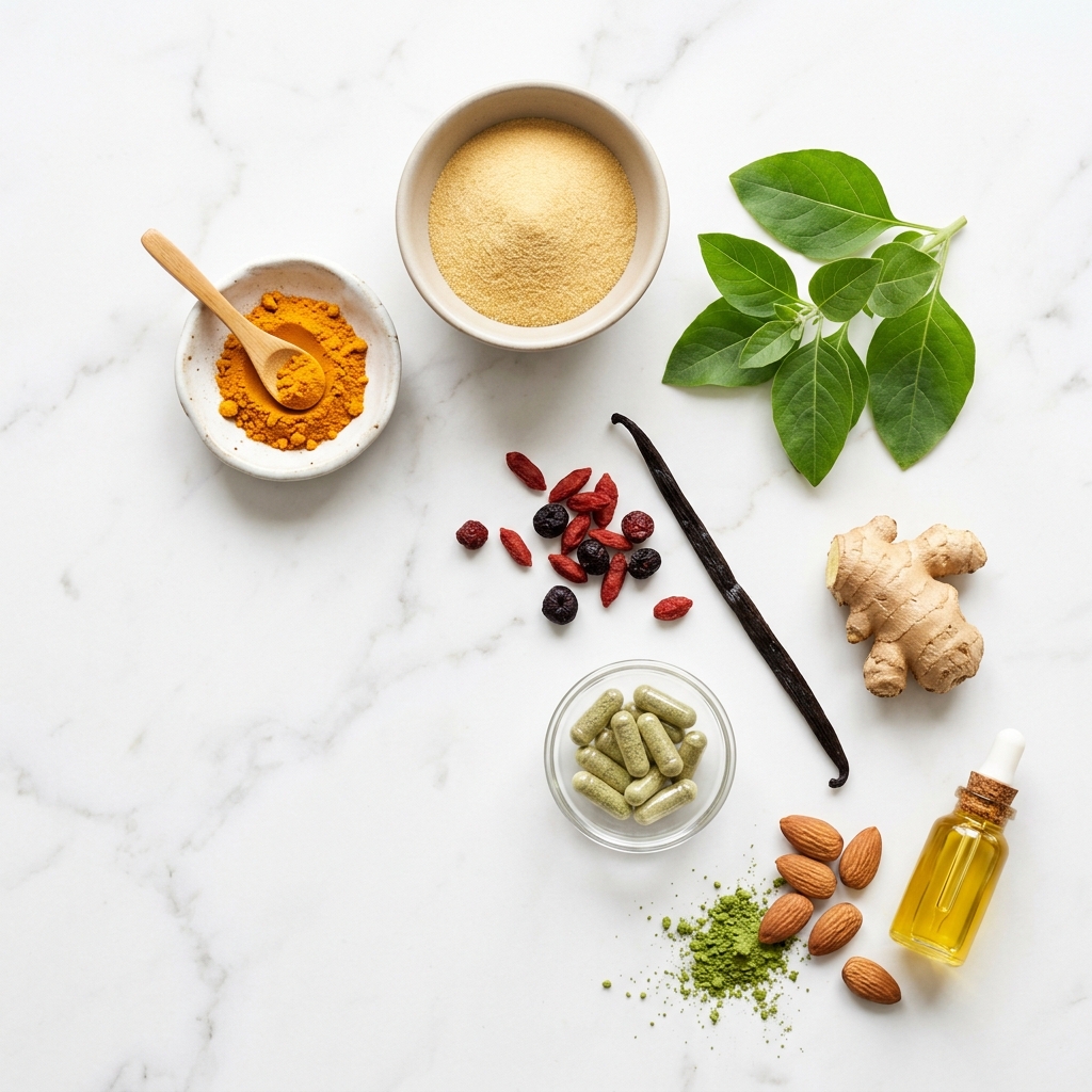 Premium natural ingredients — collagen, turmeric, ashwagandha, ginger